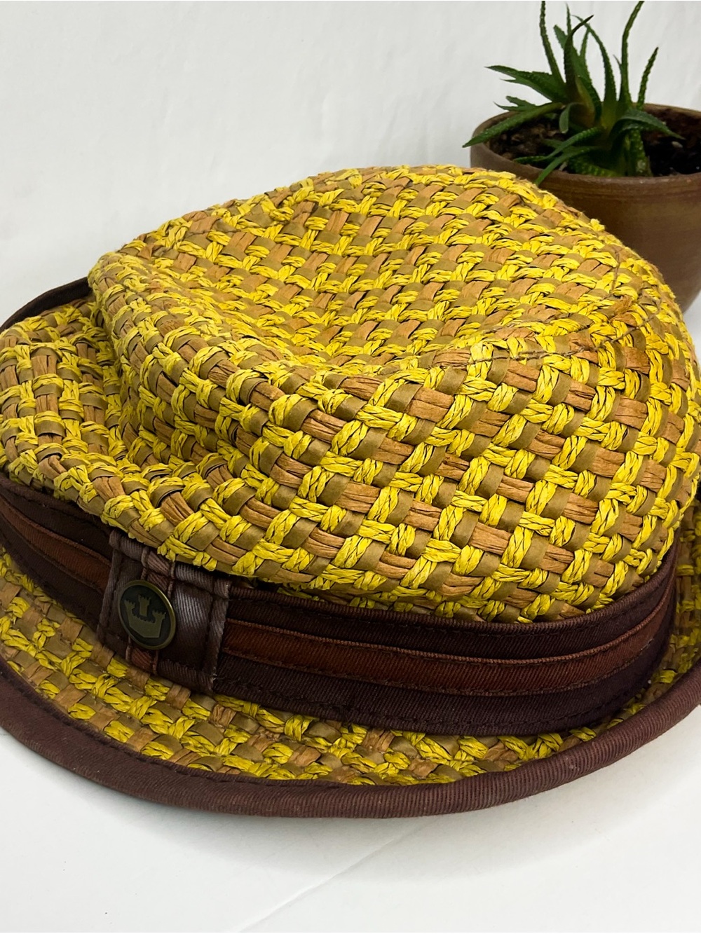 GOORIN BROTHERS Yellow Braided Straw Fedora with Brown Trim